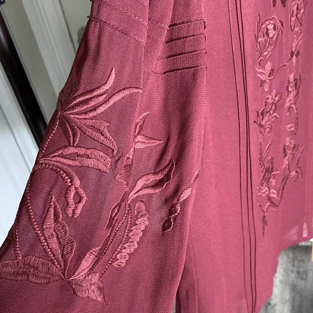 Reformation Burgundy Embroidered High-Neck Blouse